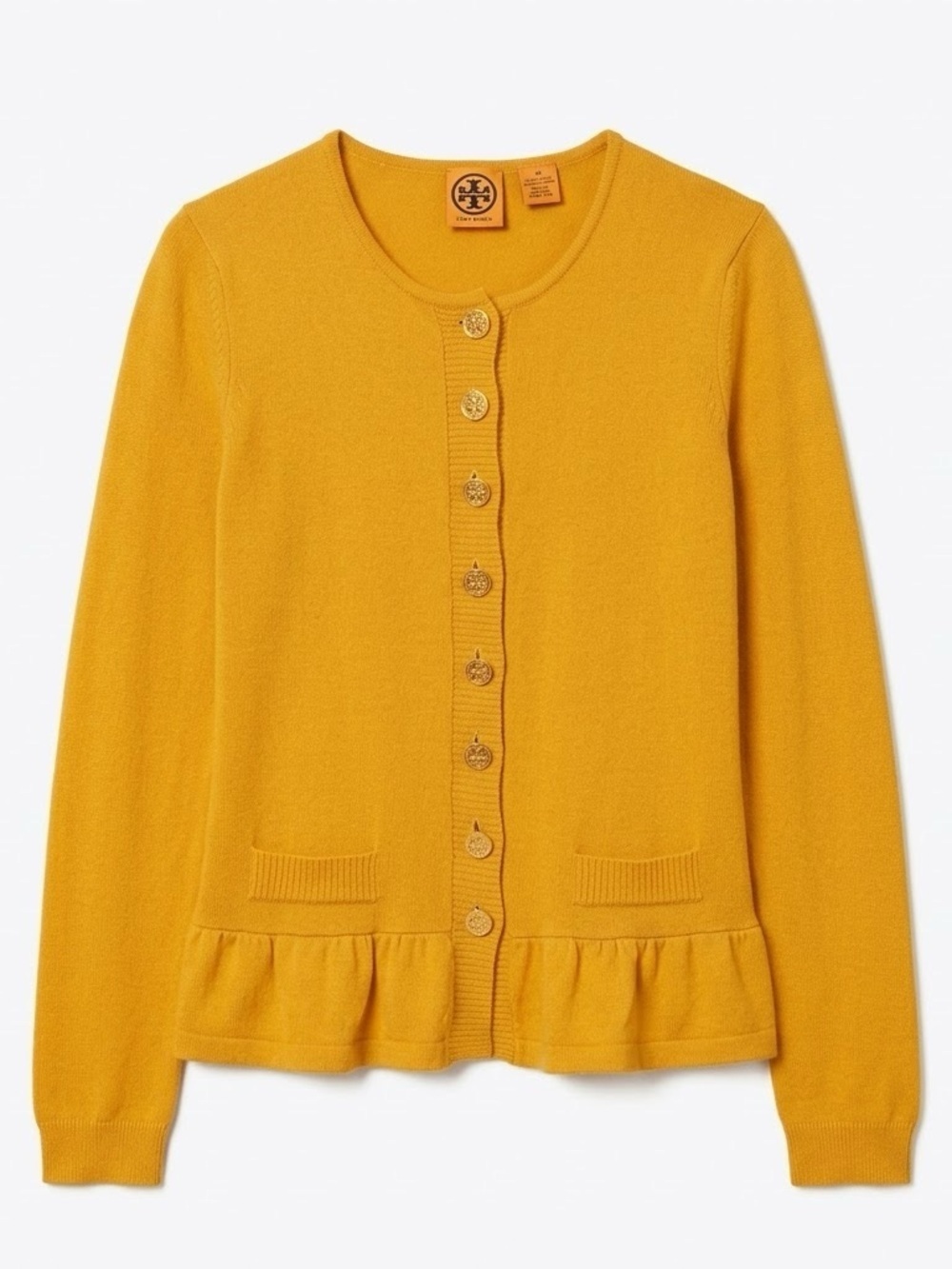 Tory Burch 100% Cashmere Mustard Gold Buttons Peplum Cardigan Sweater Medium